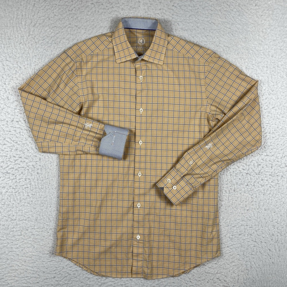 Bugatchi Uomo Shirt Mens 14.5-32/33 Orange Blue Plaid Flip Cuff Casual‎ Workwear
